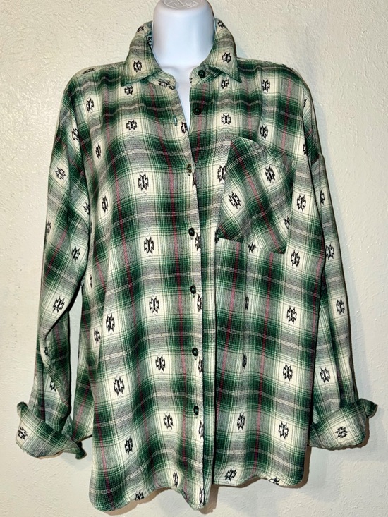 Urban Oasis Tops - Vintage 80’s 90’s Flannel Green Plaid Shirt Oversized Nepal Aztec Women’s Sz L